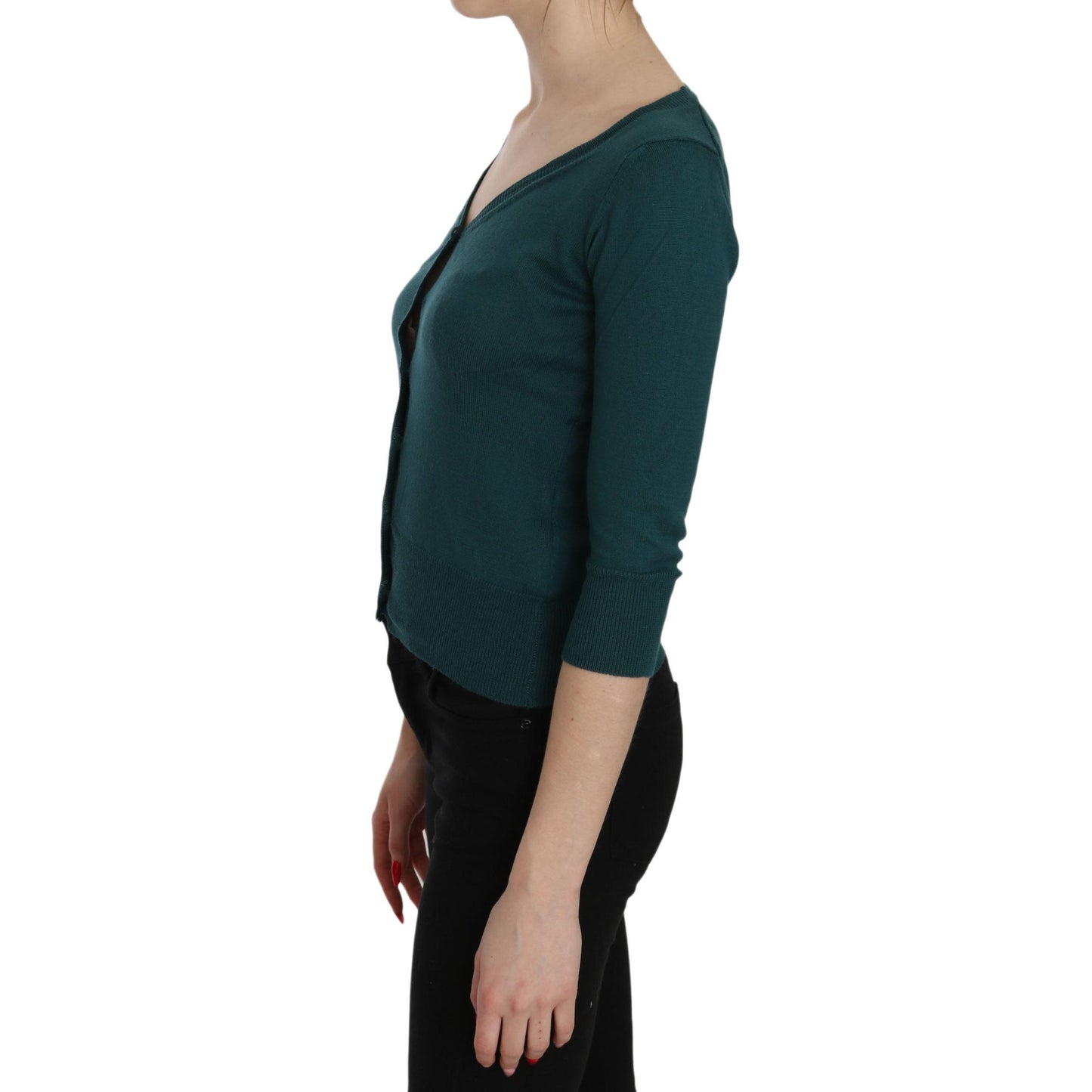 Blue Green Cotton 3/4 Sleeve Cardigan Top Blouse