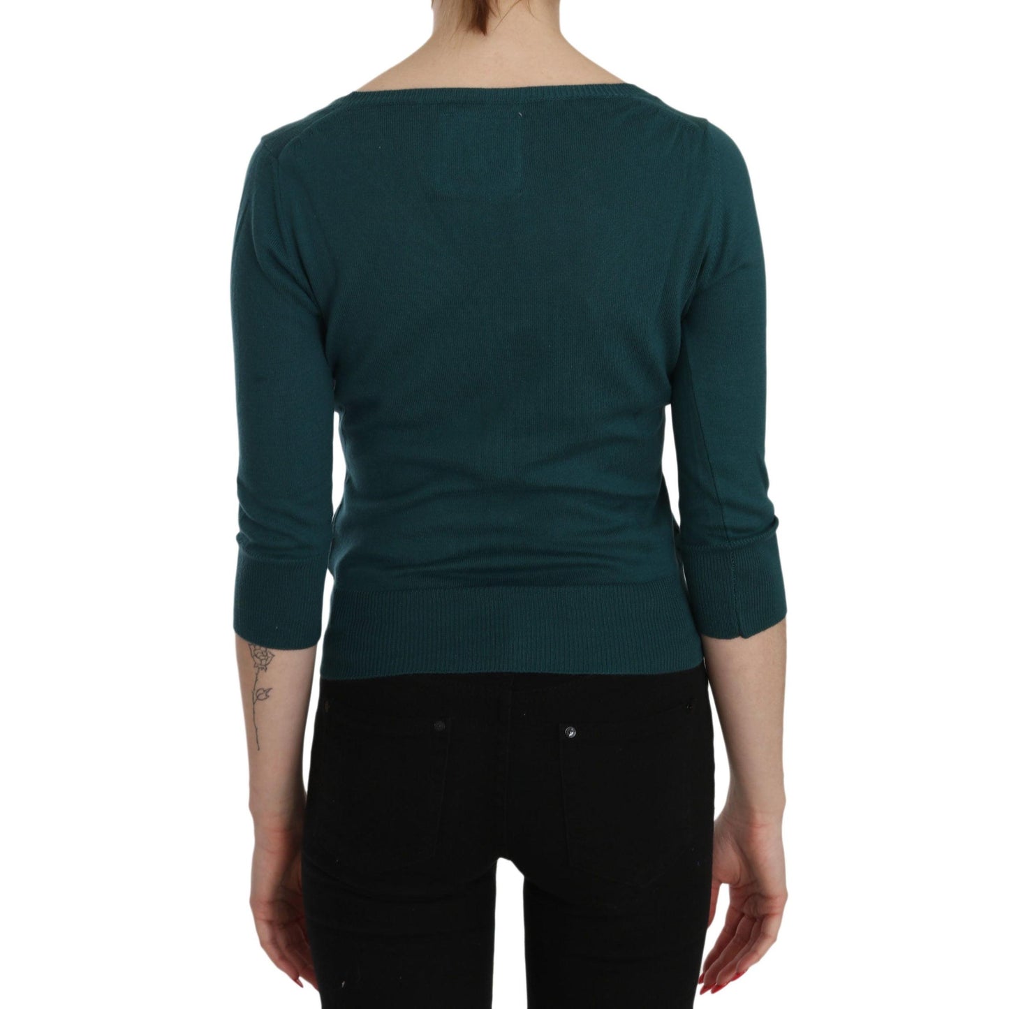 Blue Green Cotton 3/4 Sleeve Cardigan Top Blouse