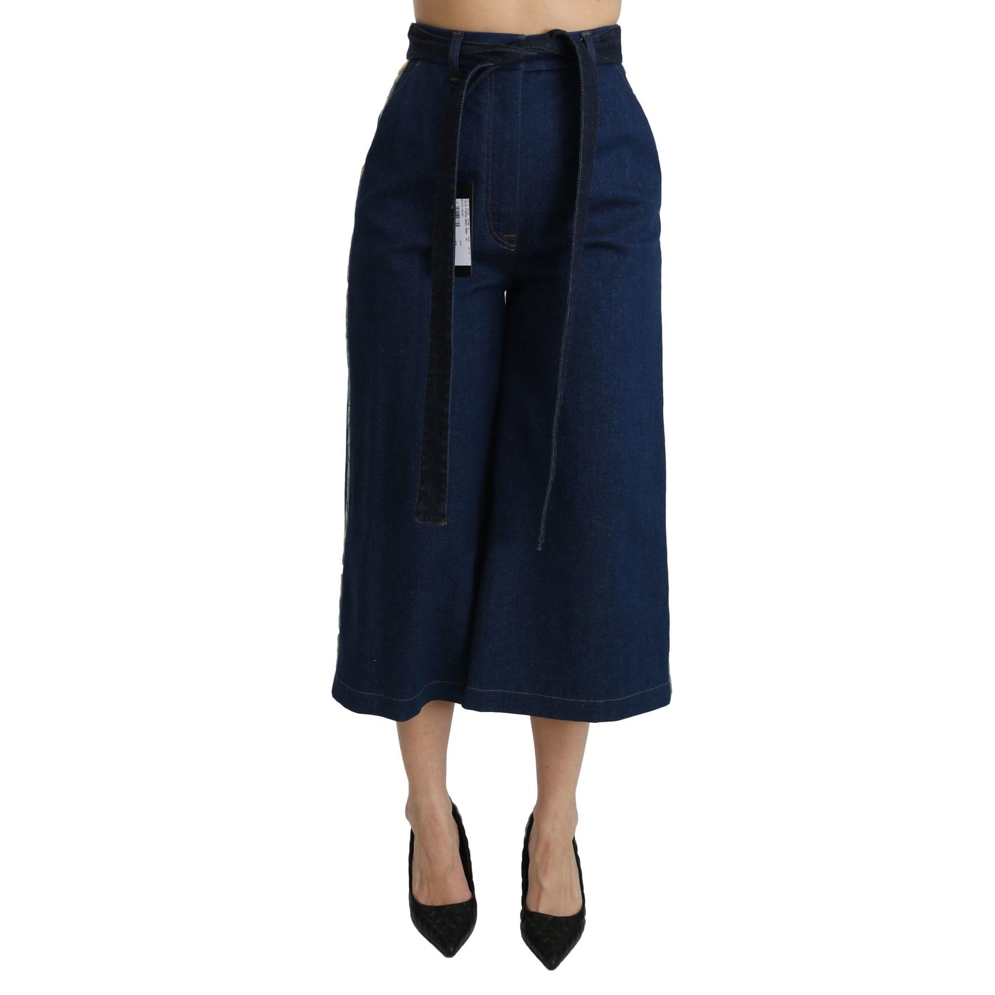 Blue Palazzo Cropped Denim Cotton Stretch Jeans