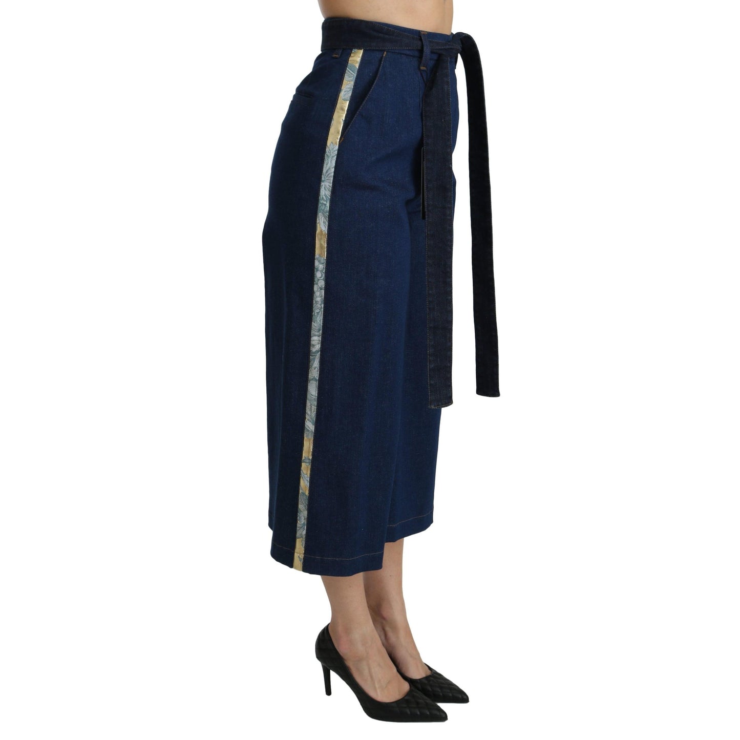 Blue Palazzo Cropped Denim Cotton Stretch Jeans