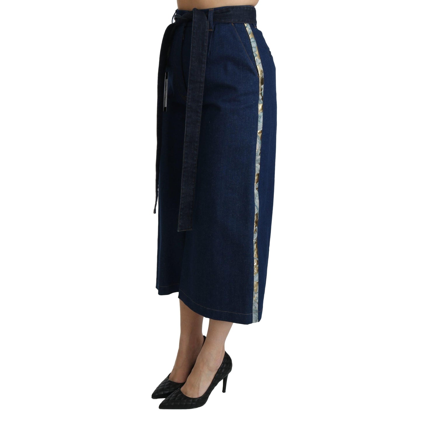 Blue Palazzo Cropped Denim Cotton Stretch Jeans