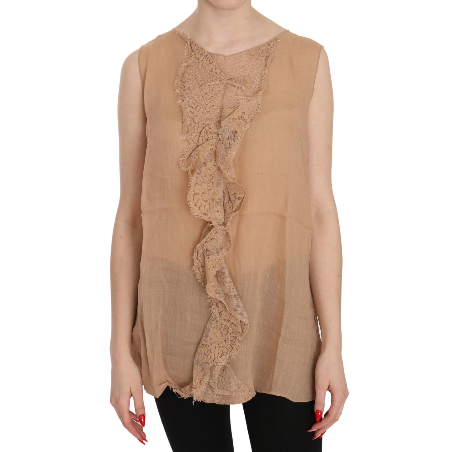 Brown Lace Sleeveless Casual Tank Top Blouse