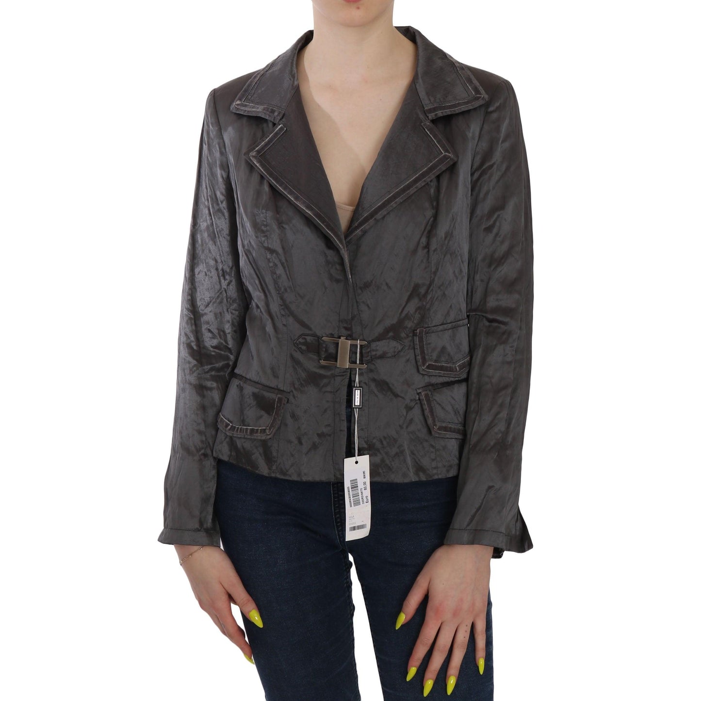 Gray Metal Lock Front Wool Blazer Jacket