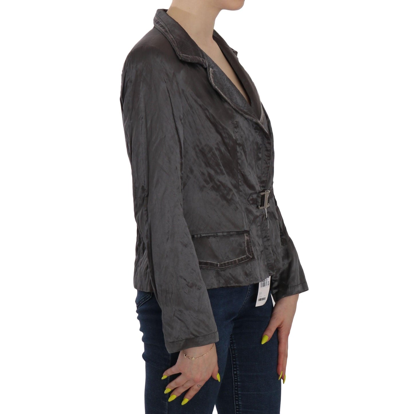 Gray Metal Lock Front Wool Blazer Jacket