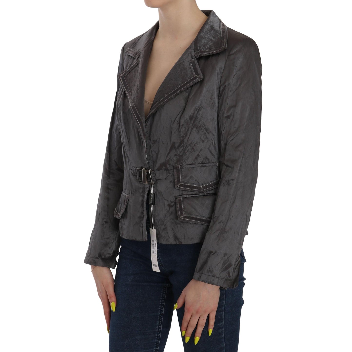 Gray Metal Lock Front Wool Blazer Jacket