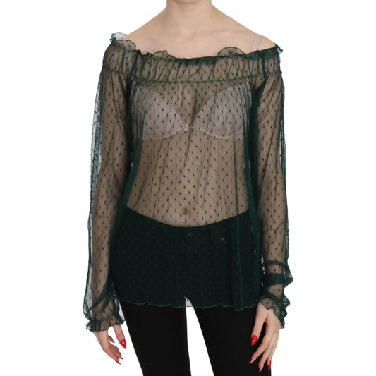 Green Mesh See Through Long Sleeve Top Blouse