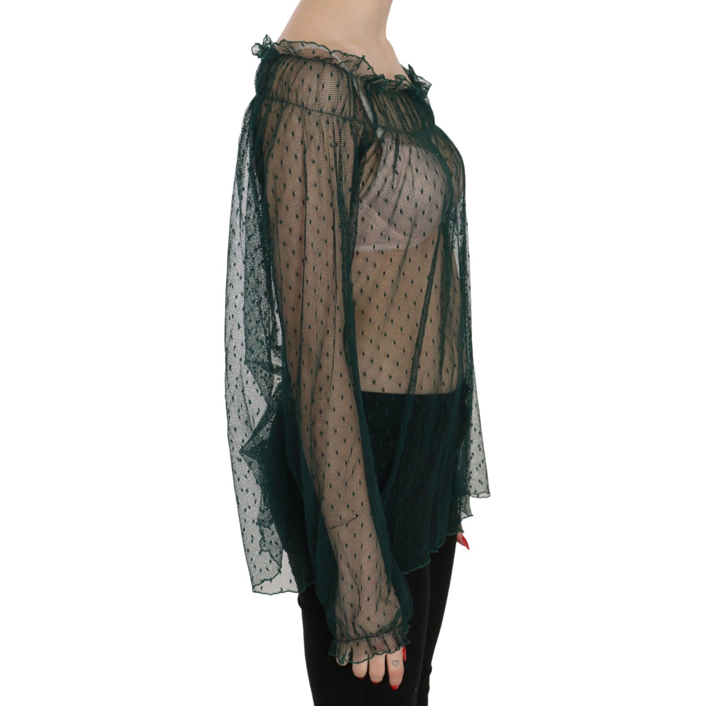 Green Mesh See Through Long Sleeve Top Blouse