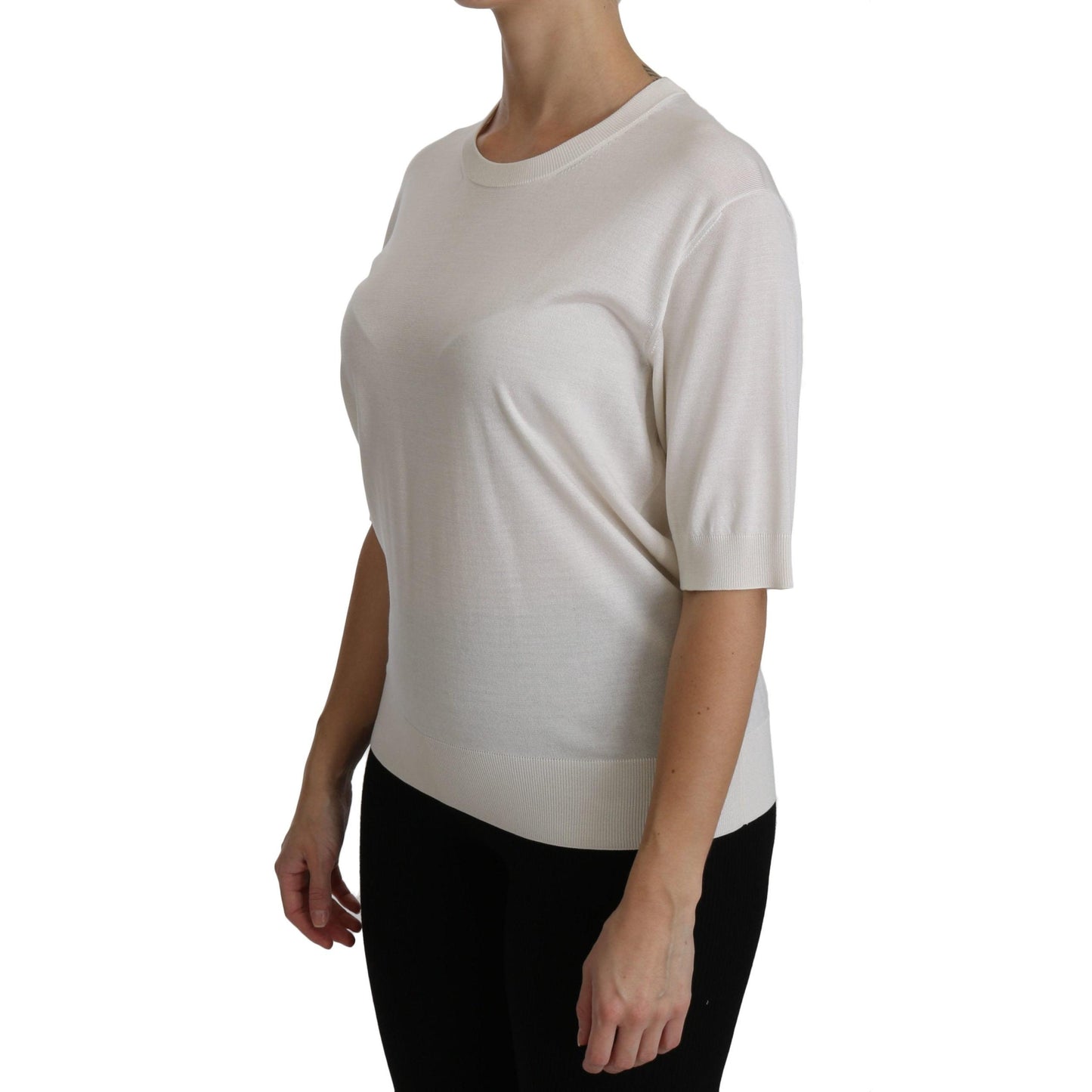 Silk White Crew Neck Short Sleeve Top Blouse