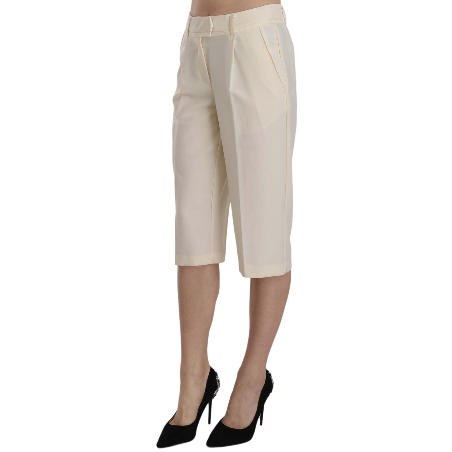 Cream Mid Waist Cotton Straight Cropped Pants