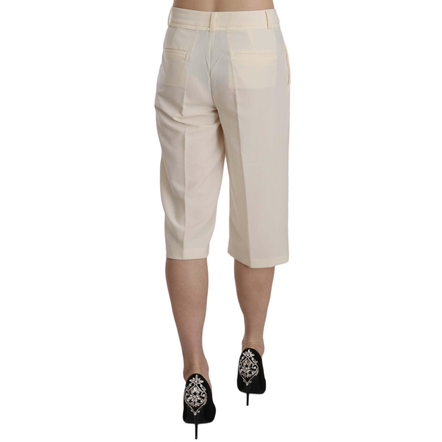 Cream Mid Waist Cotton Straight Cropped Pants