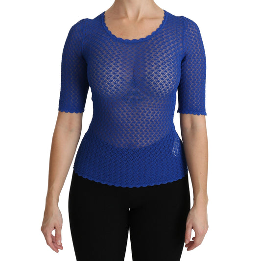 Blue See Through Round Neck Top Viscose Blouse
