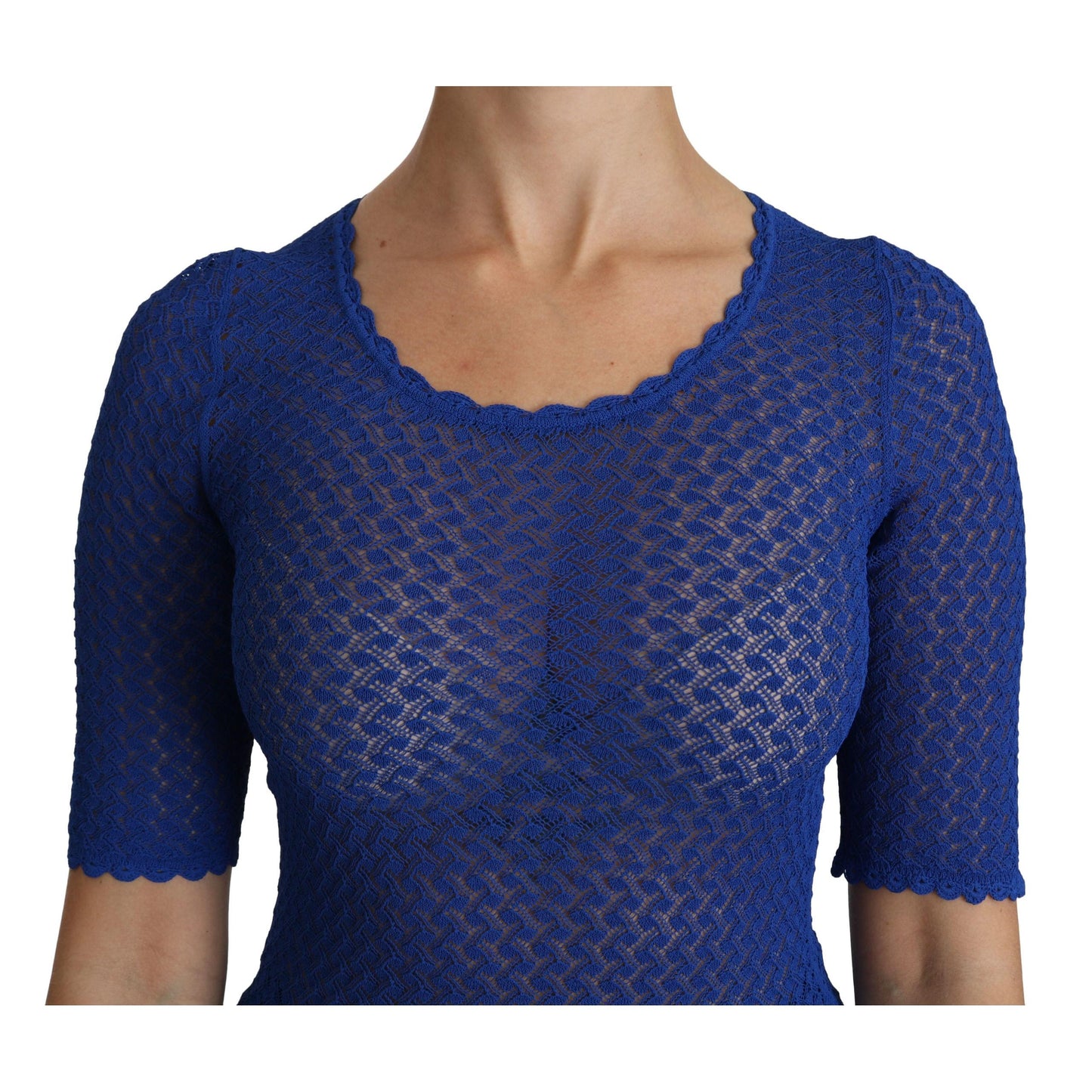 Blue See Through Round Neck Top Viscose Blouse