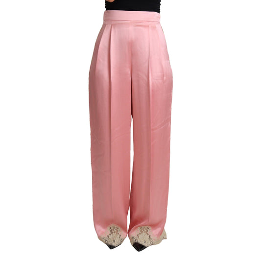 Pink Lace Trimmed Silk Satin Wide Legs Pants