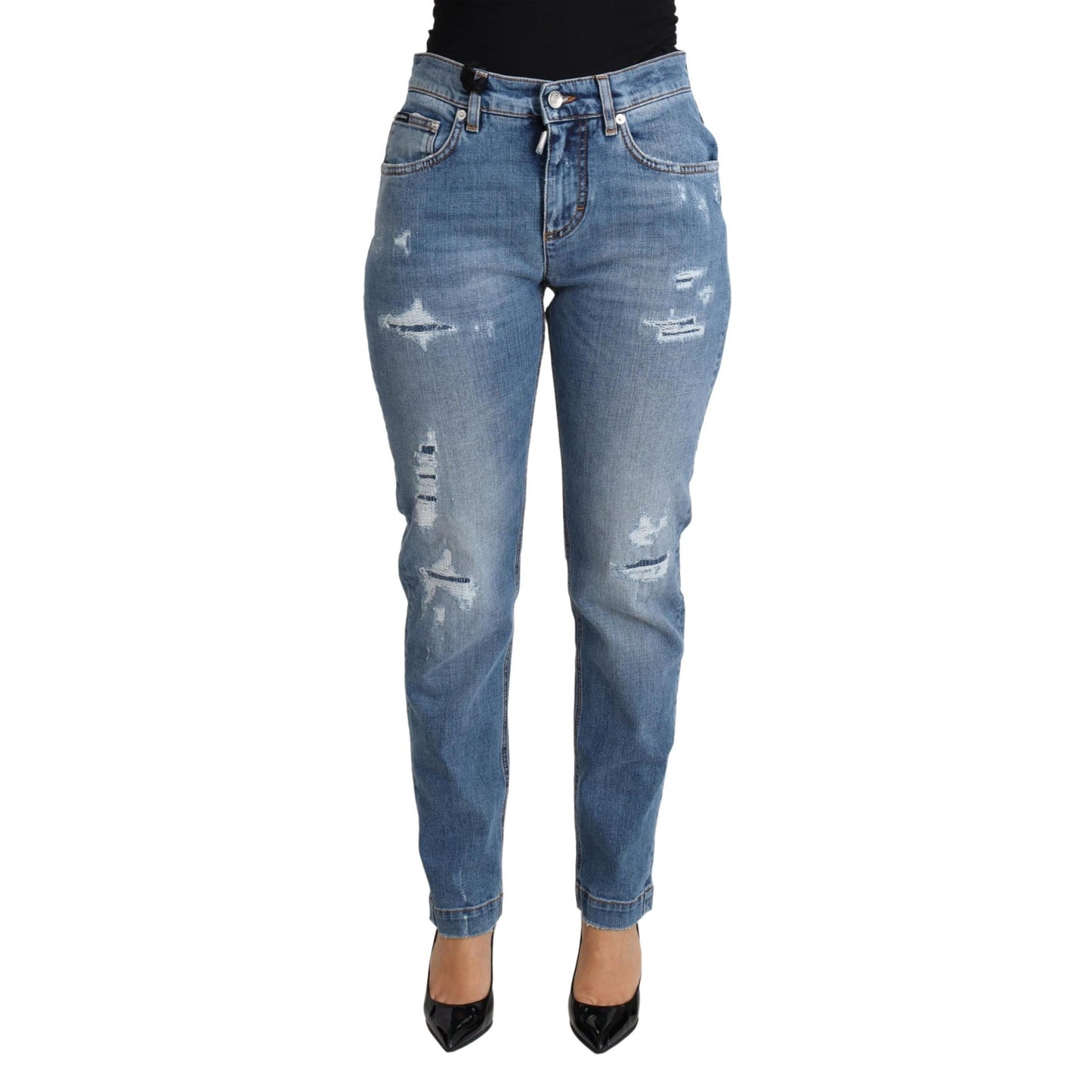 Blue Tattered Skinny Denim Cotton Blend Jeans