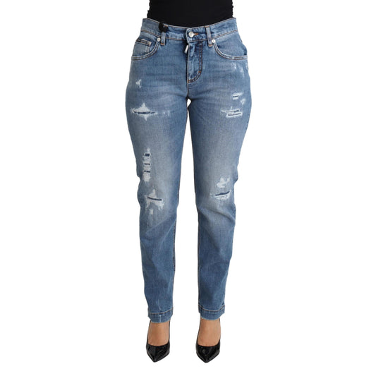 Blue Tattered Skinny Denim Cotton Blend Jeans