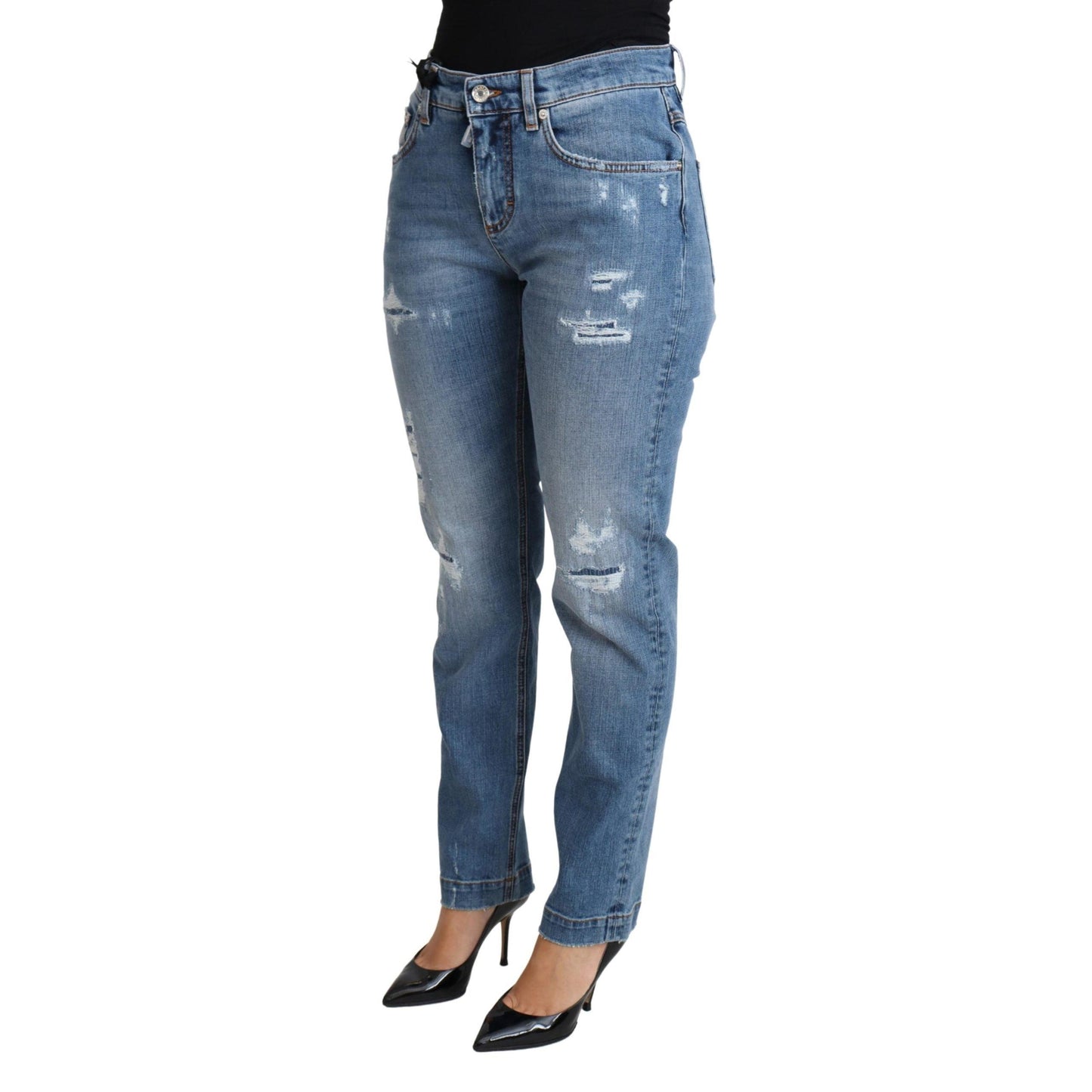 Blue Tattered Skinny Denim Cotton Blend Jeans