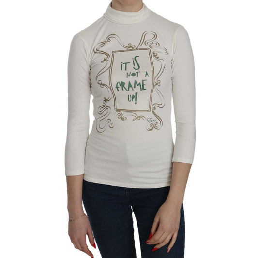 White Printed Turtle Neck 3/4 Sleeve Top Cotton Blouse