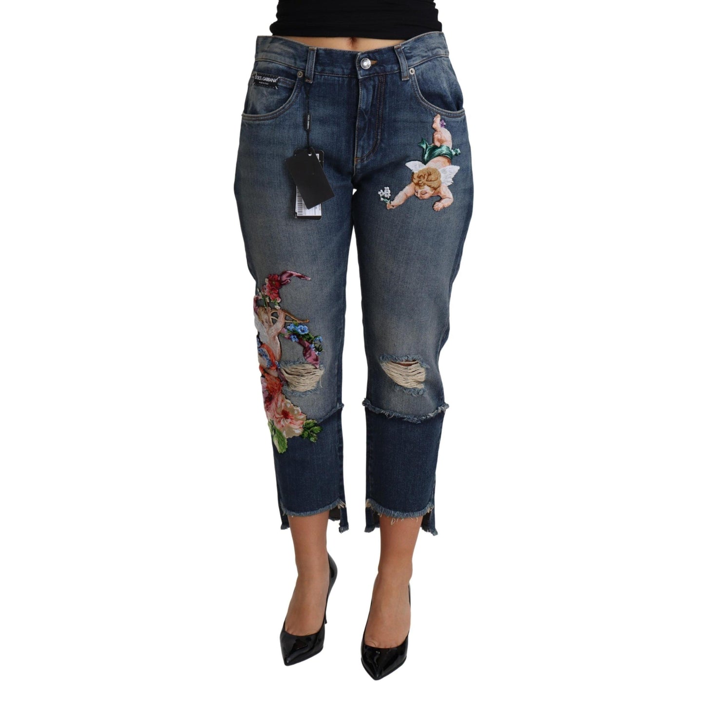 Blue Floral Embroidery Cropped Cotton Jeans