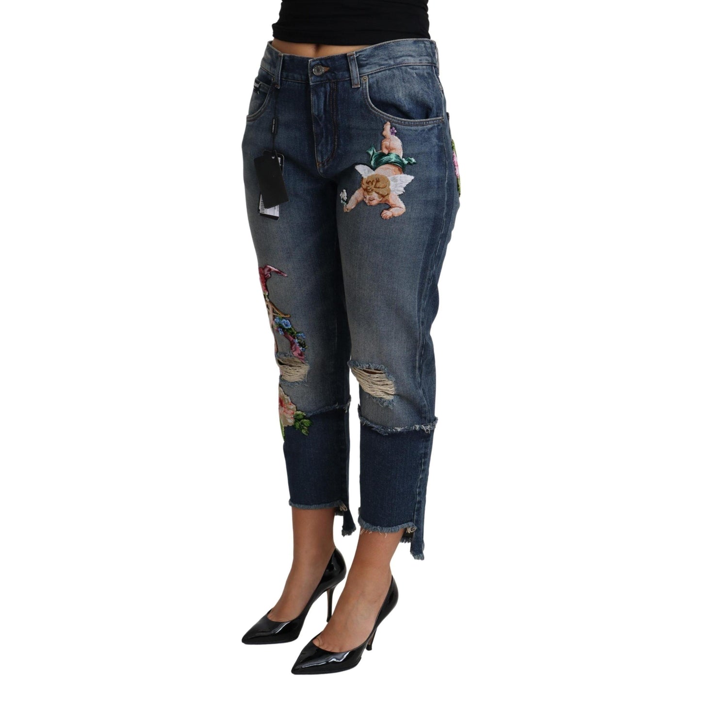 Blue Floral Embroidery Cropped Cotton Jeans