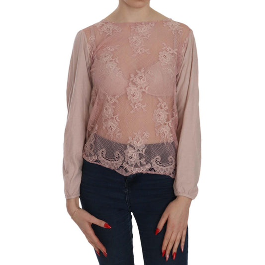 Pink Lace See Through Long Sleeve Blouse
