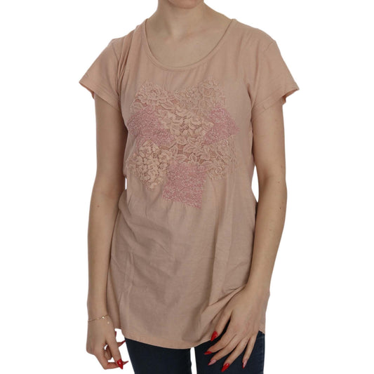 Pink Cream Lace Short Sleeve Shirt Top Cotton Blouse