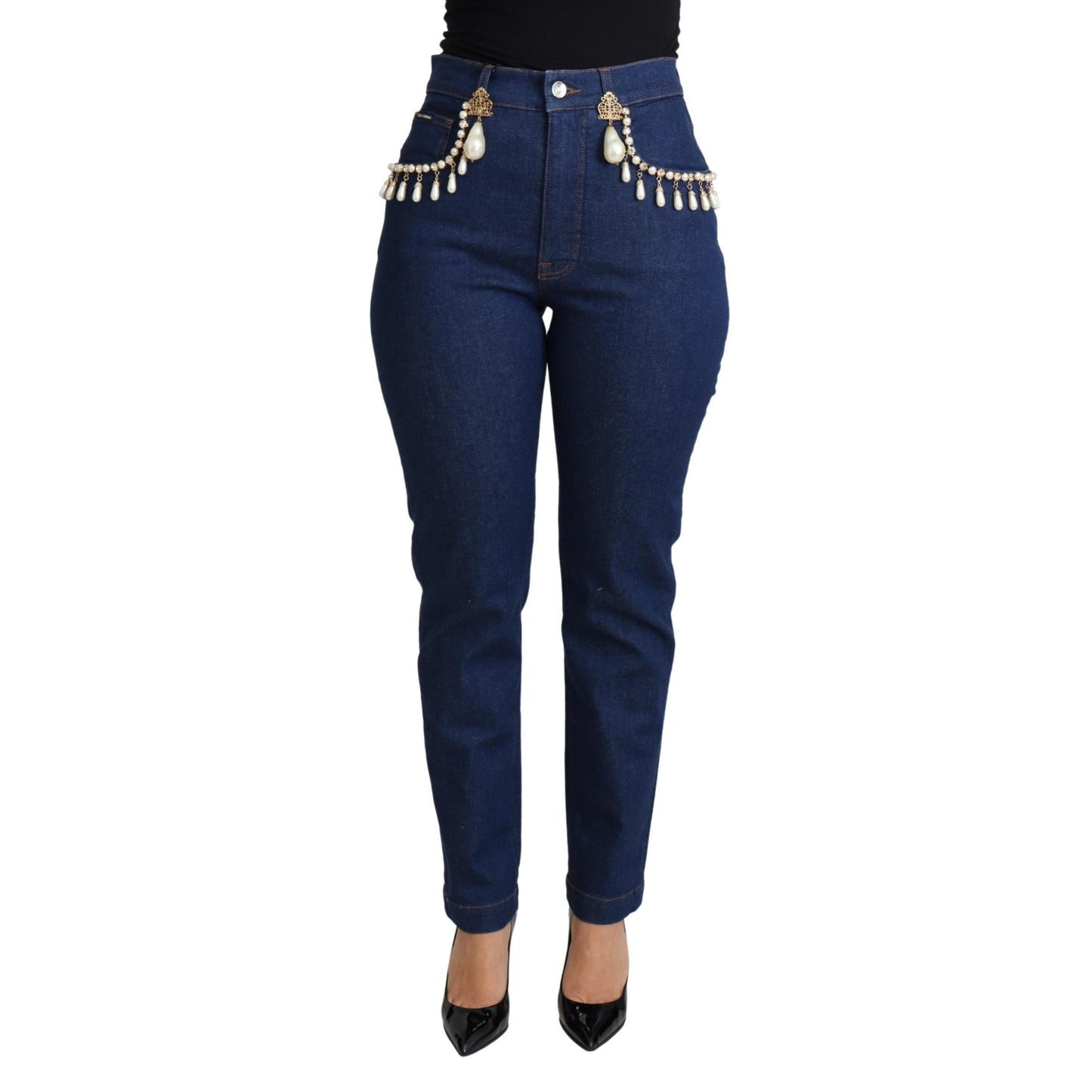 Blue Cotton Stretch Embellished Skinny Jeans
