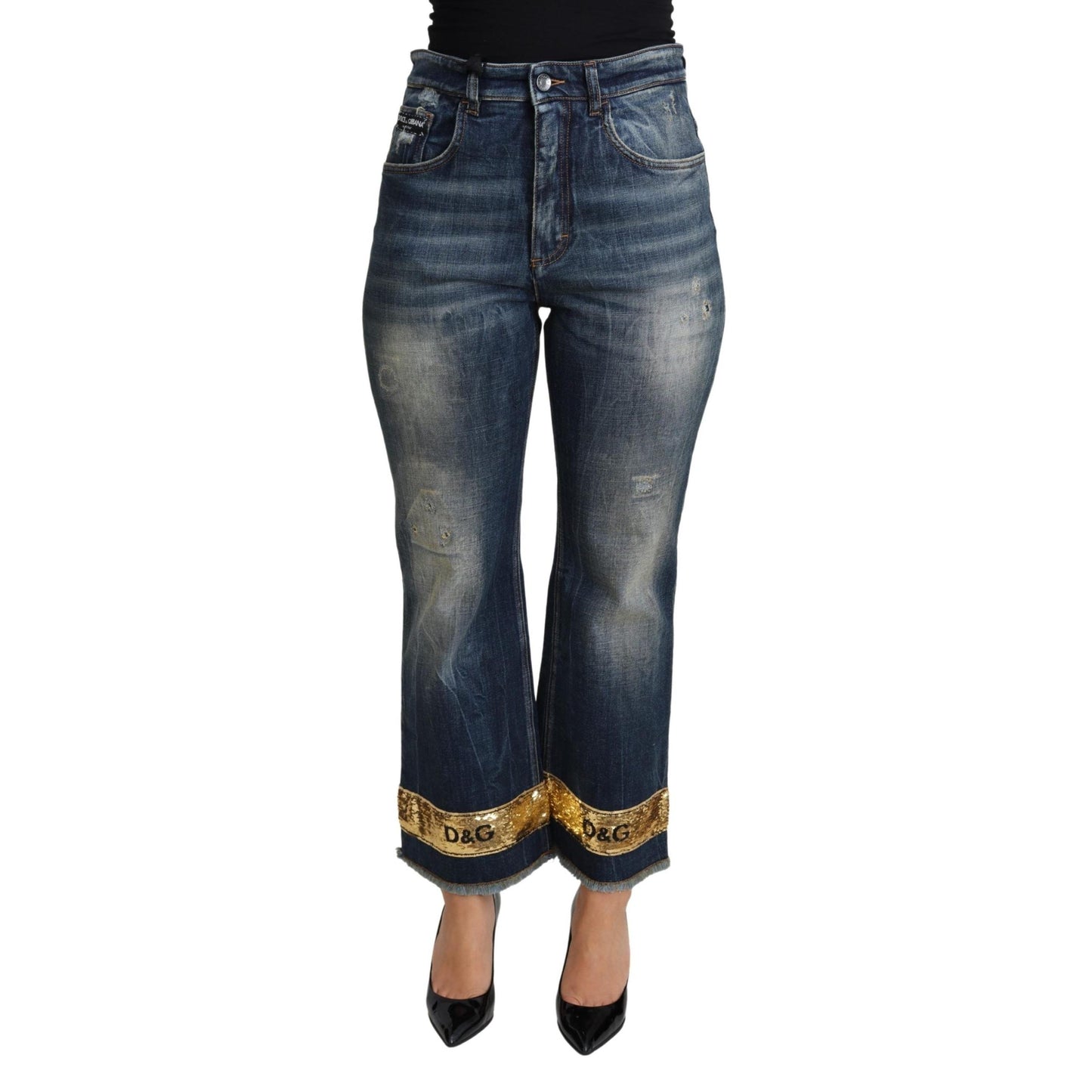 Blue Cotton Stretch Sequin Cropped Denim Jeans
