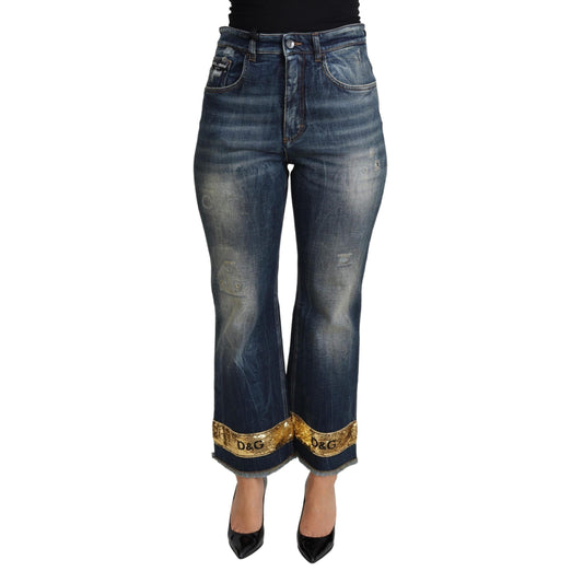 Blue Cotton Stretch Sequin Cropped Denim Jeans