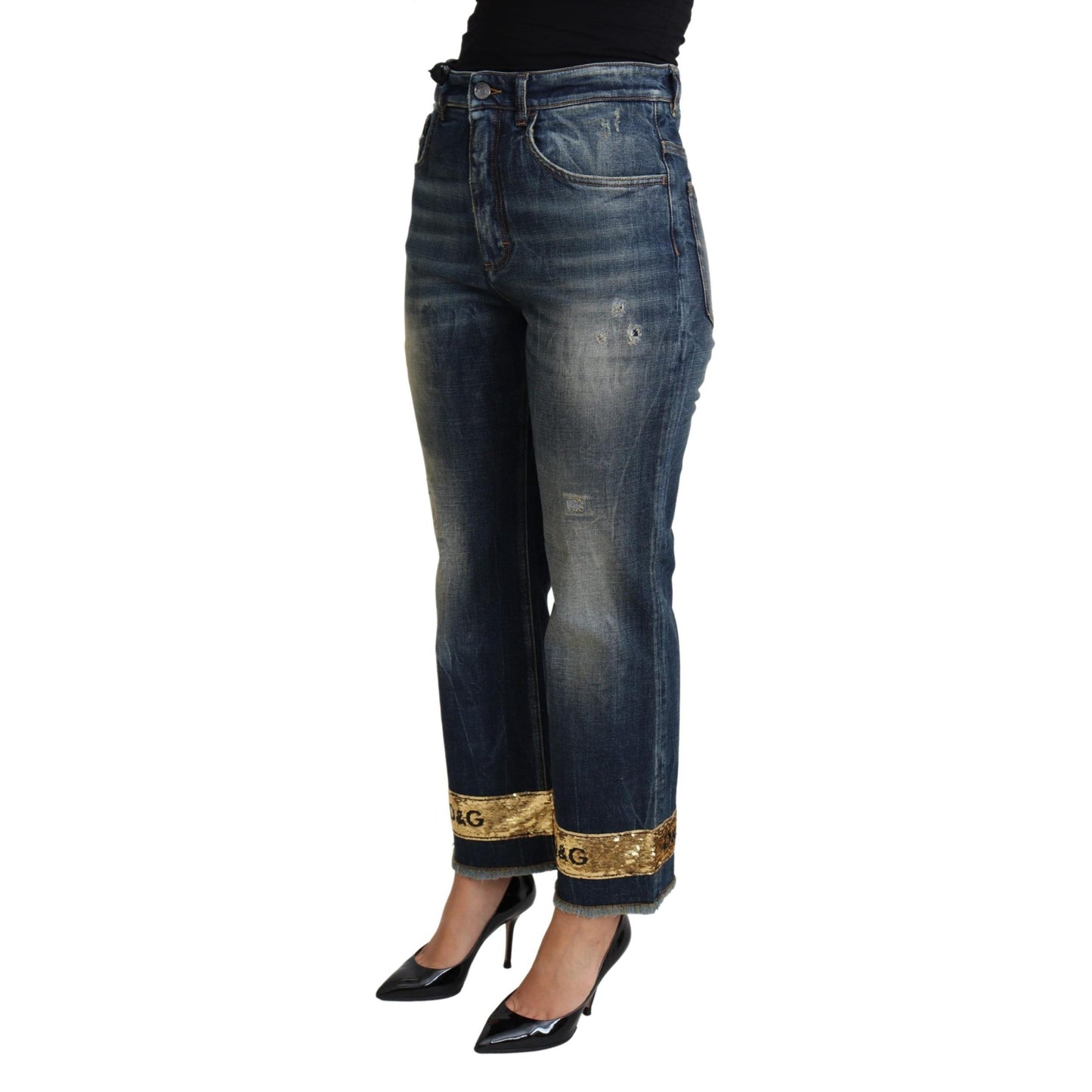 Blue Cotton Stretch Sequin Cropped Denim Jeans