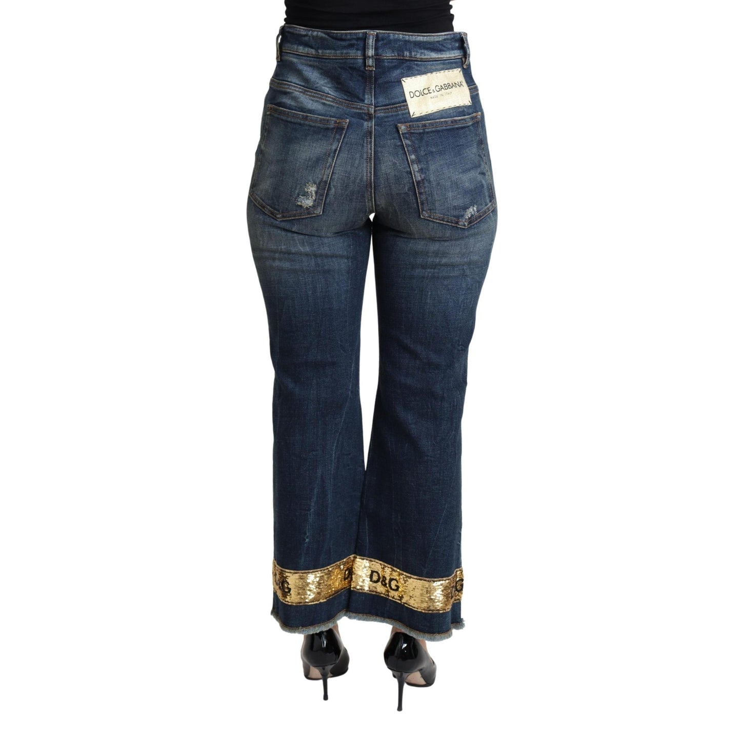 Blue Cotton Stretch Sequin Cropped Denim Jeans