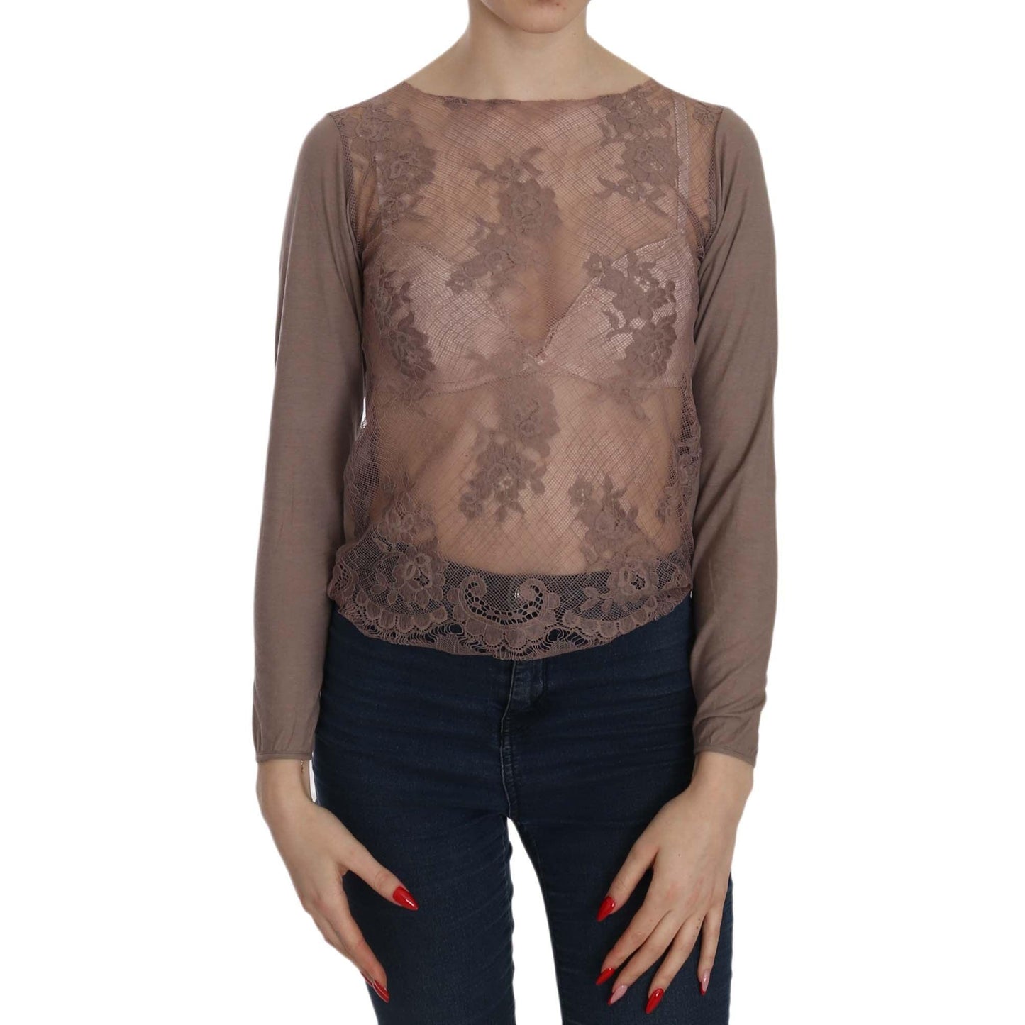 Brown Lace See Through Long Sleeve Top