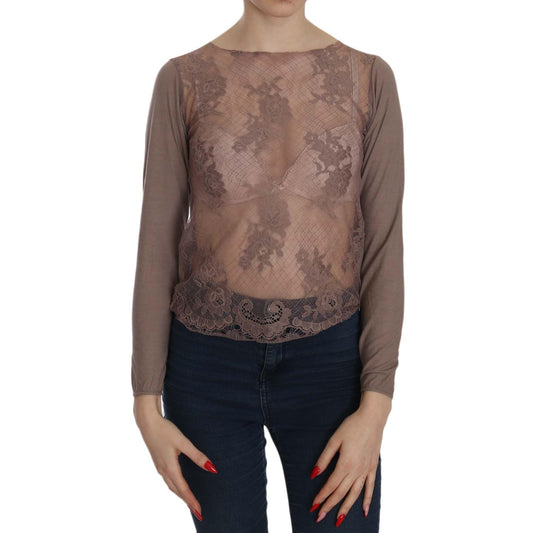 Brown Lace See Through Long Sleeve Top