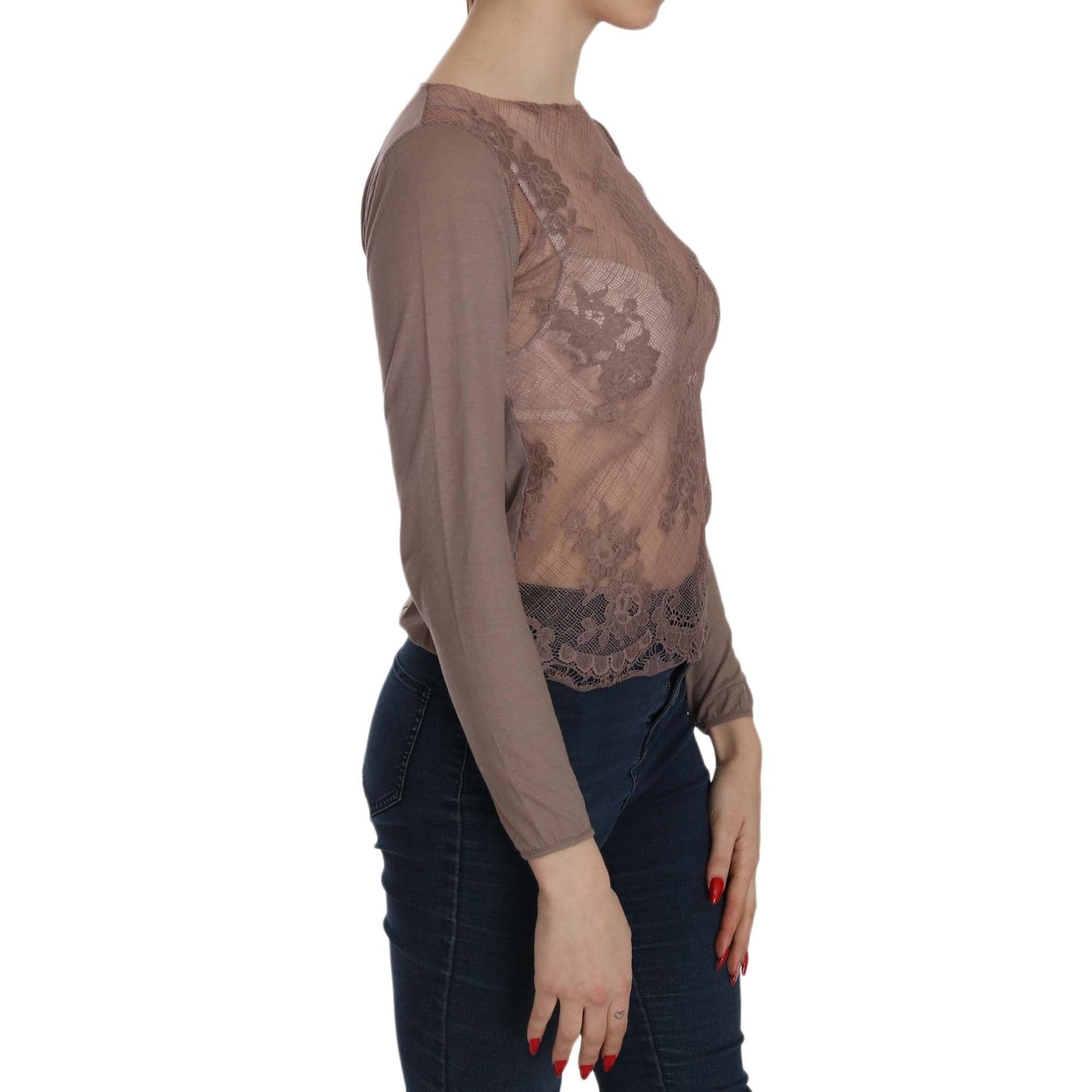 Brown Lace See Through Long Sleeve Top