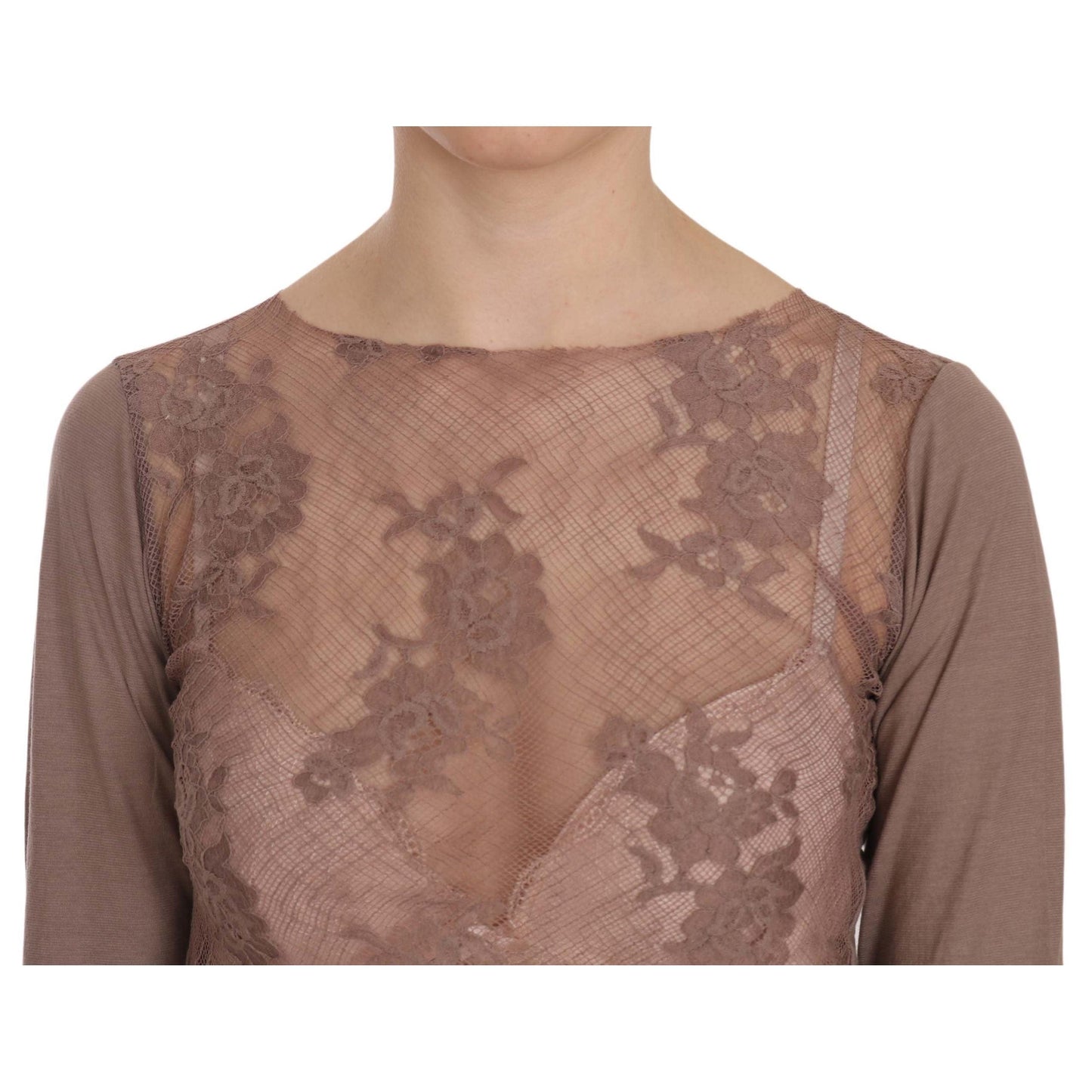 Brown Lace See Through Long Sleeve Top
