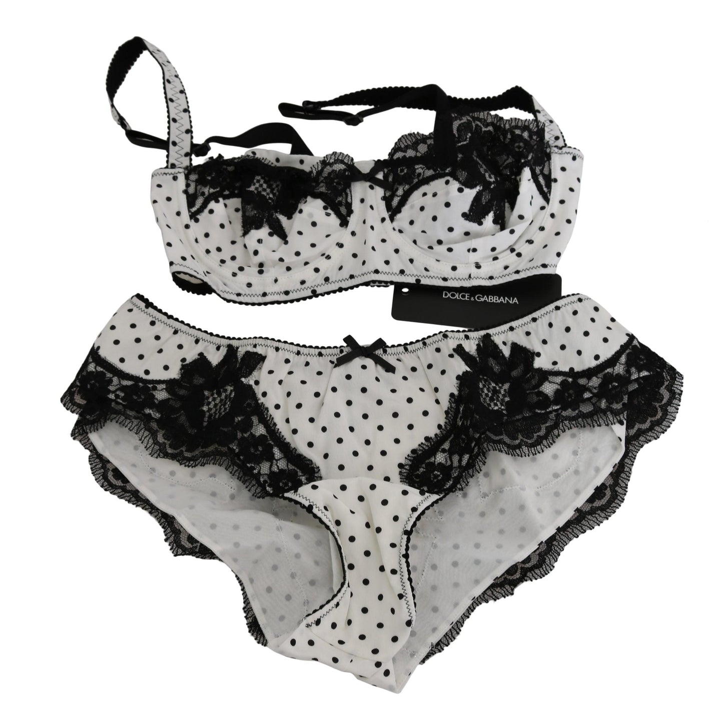 White Black Dot Silk Lace Stretch Set Underwear