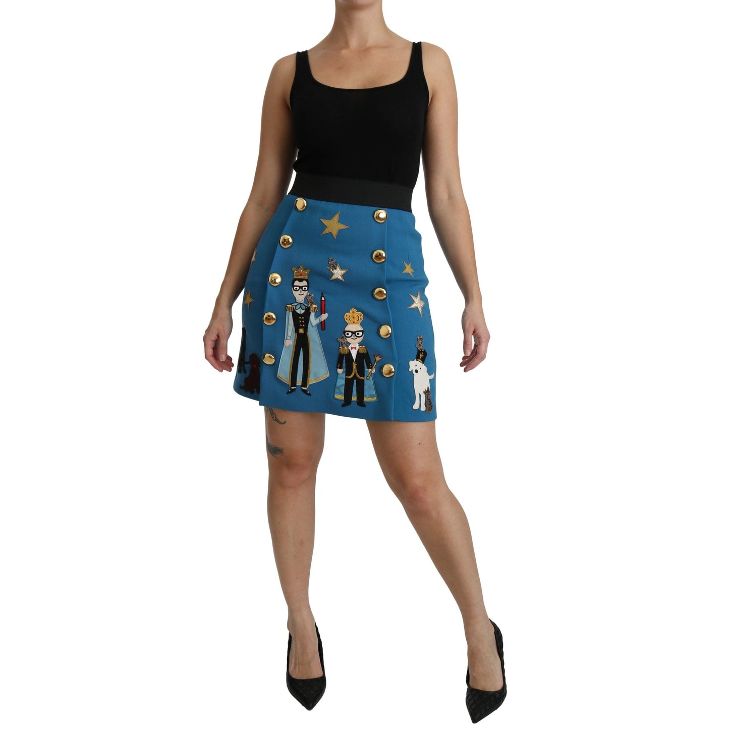 Blue Embellished High Waist Mini Wool Skirt