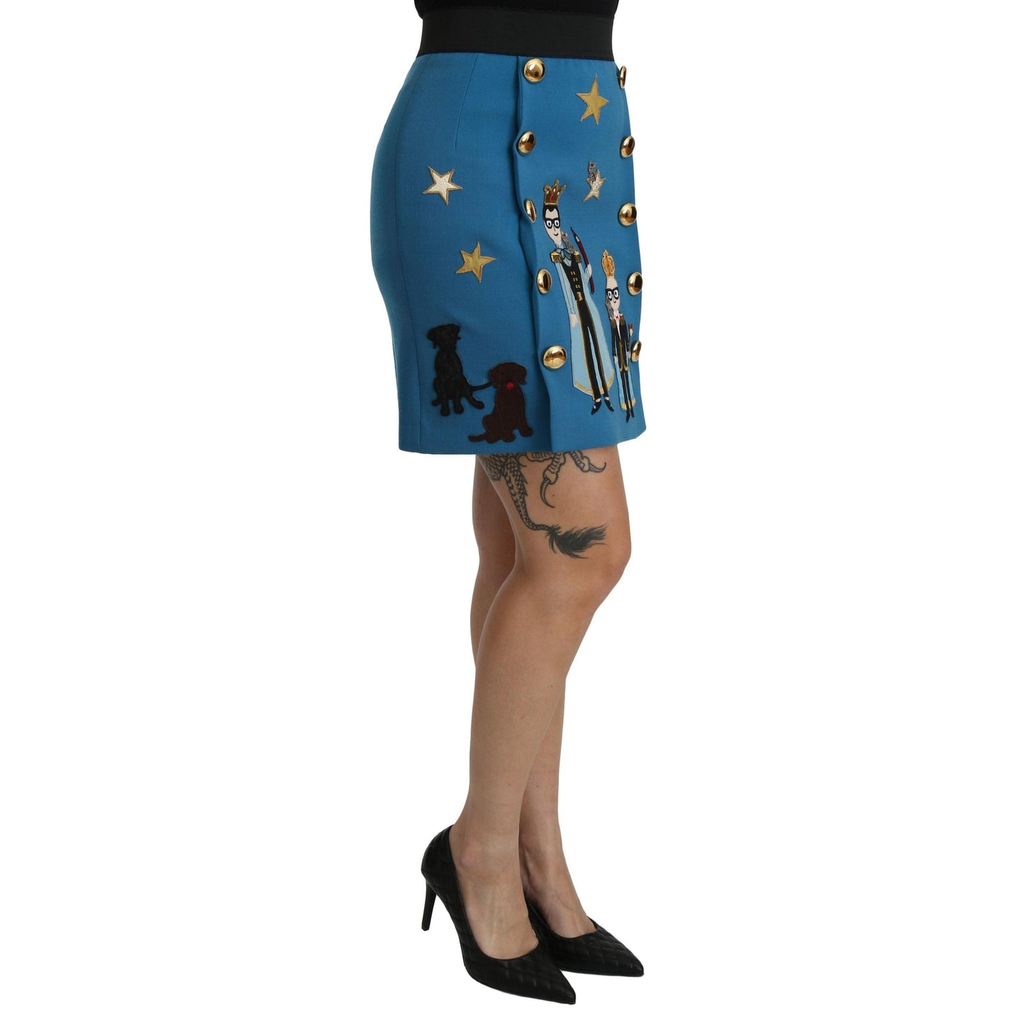 Blue Embellished High Waist Mini Wool Skirt