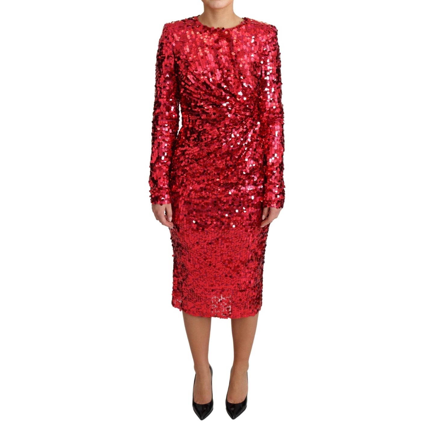 Red Sequin Sheath Long Sleeves Midi Dress
