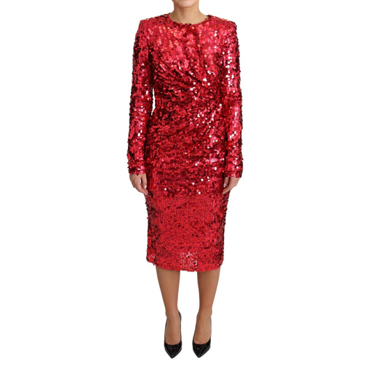 Red Sequin Sheath Long Sleeves Midi Dress
