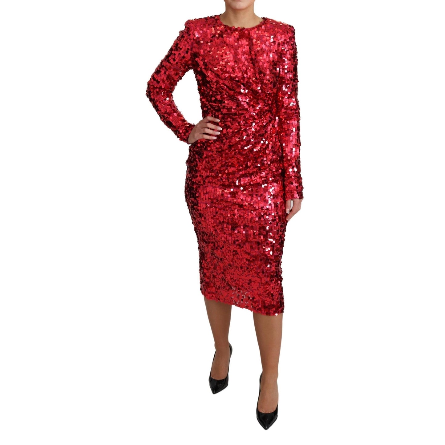 Red Sequin Sheath Long Sleeves Midi Dress
