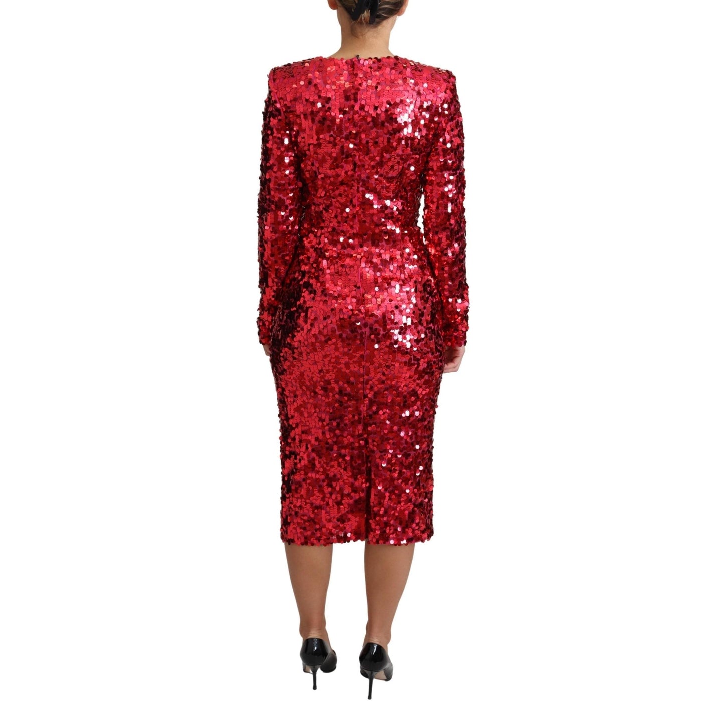 Red Sequin Sheath Long Sleeves Midi Dress