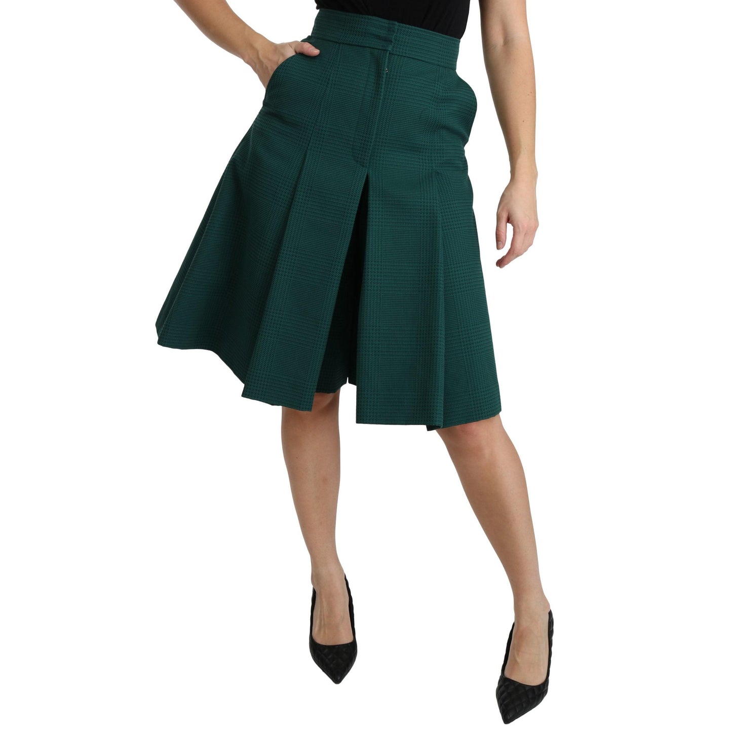 Green Pleated A-line High Waist Cotton  Skirt
