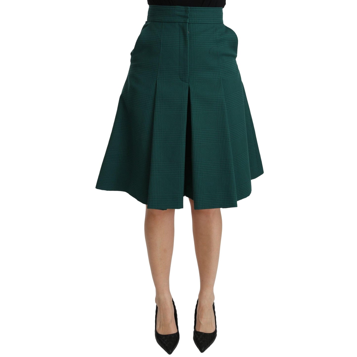 Green Pleated A-line High Waist Cotton  Skirt