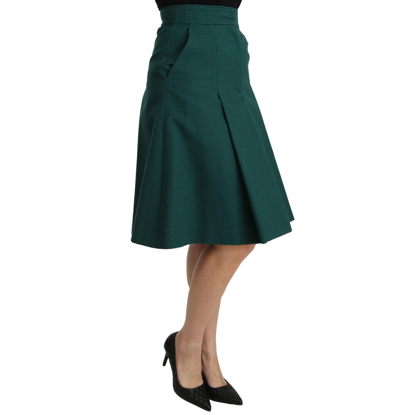 Green Pleated A-line High Waist Cotton  Skirt