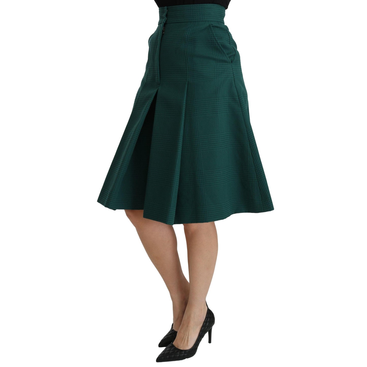 Green Pleated A-line High Waist Cotton  Skirt