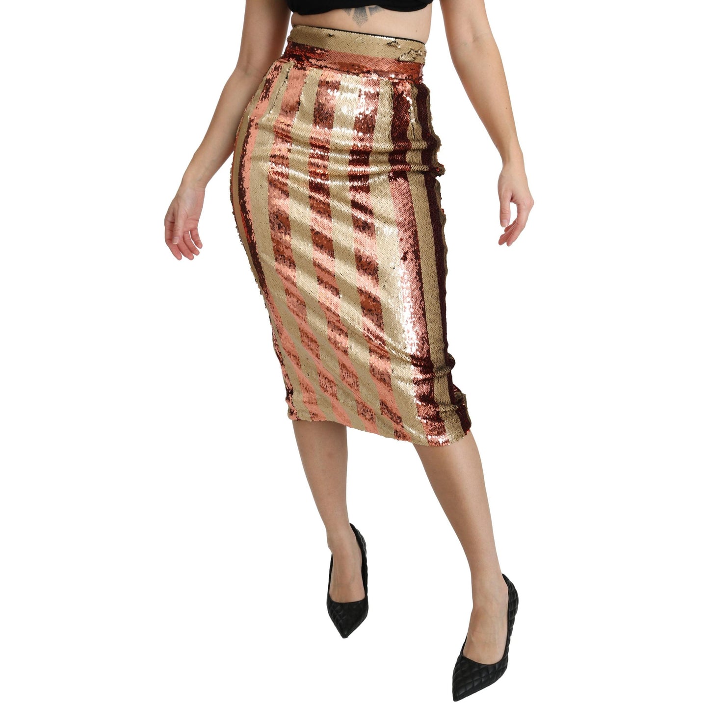 Gold Orange Striped High Waist Midi Skirt