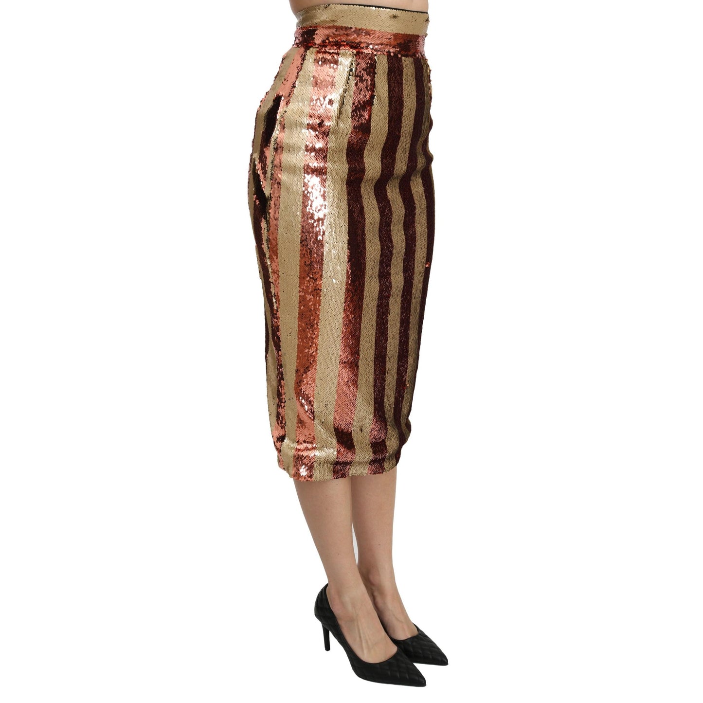 Gold Orange Striped High Waist Midi Skirt
