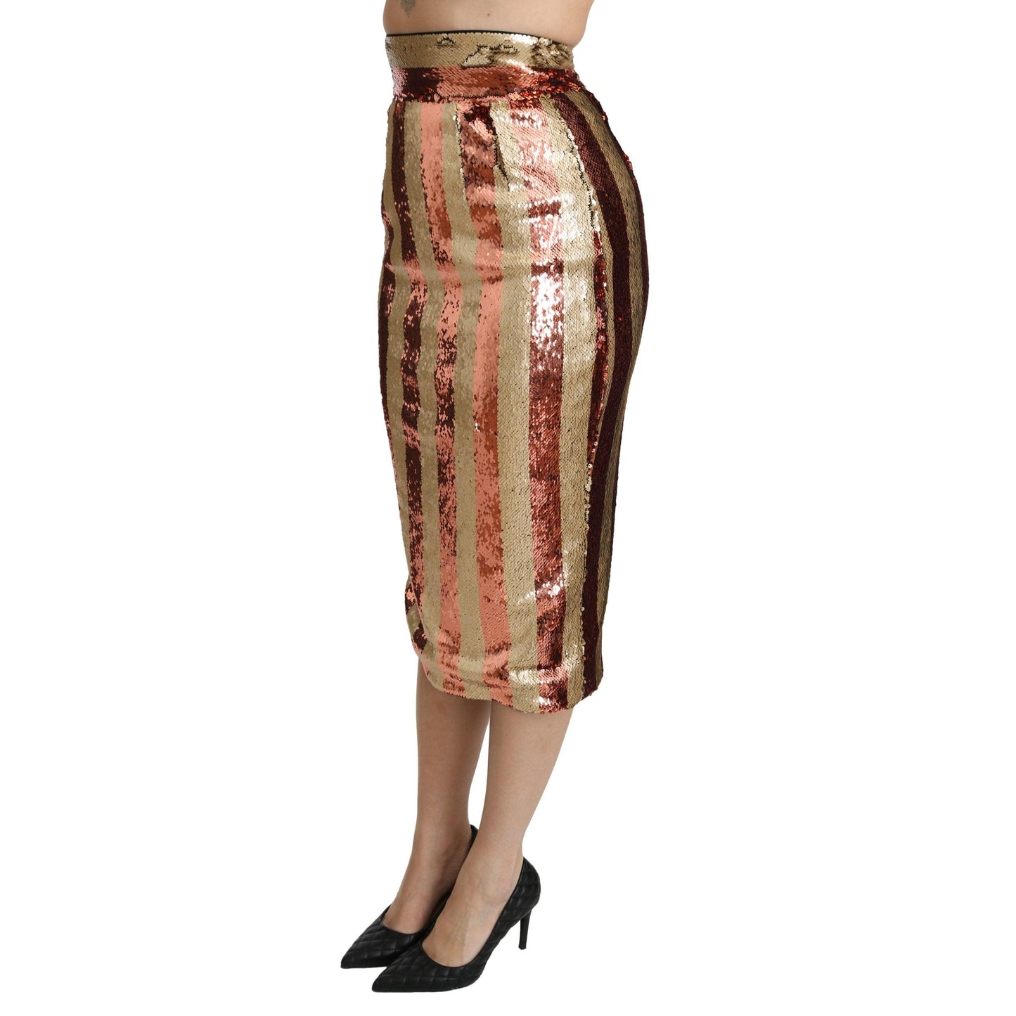 Gold Orange Striped High Waist Midi Skirt