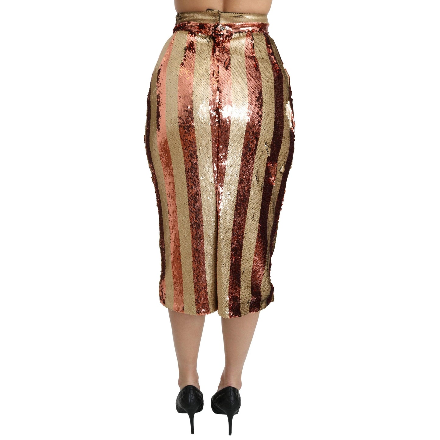 Gold Orange Striped High Waist Midi Skirt