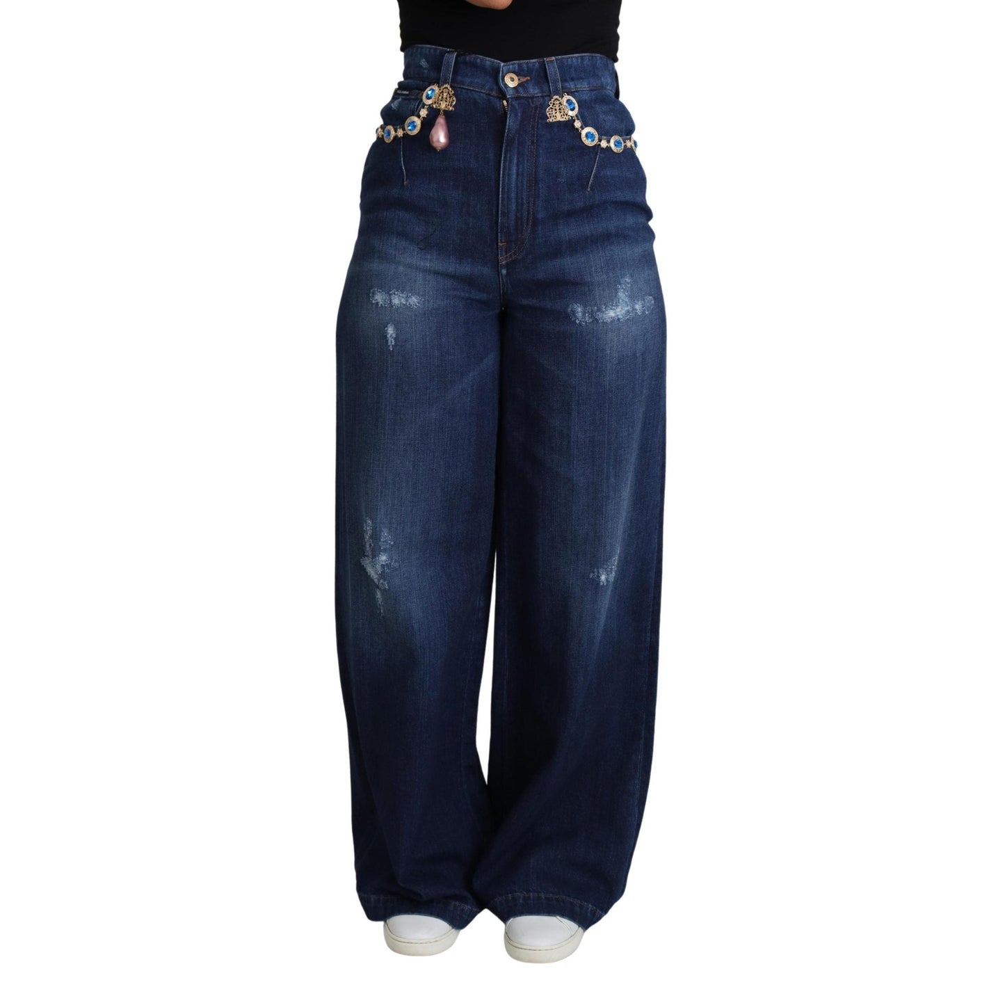 Blue Embellished Wide Leg Trouser Cotton Jeans